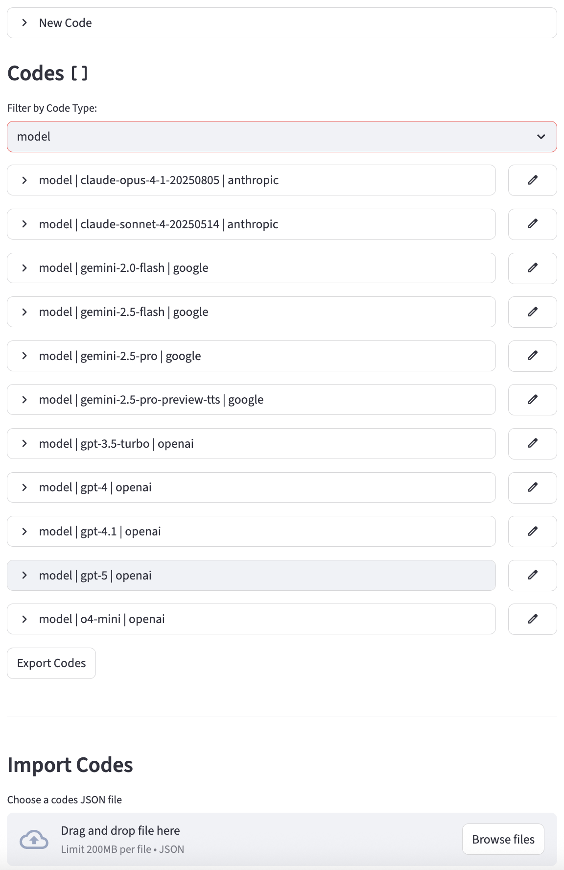 Codes List